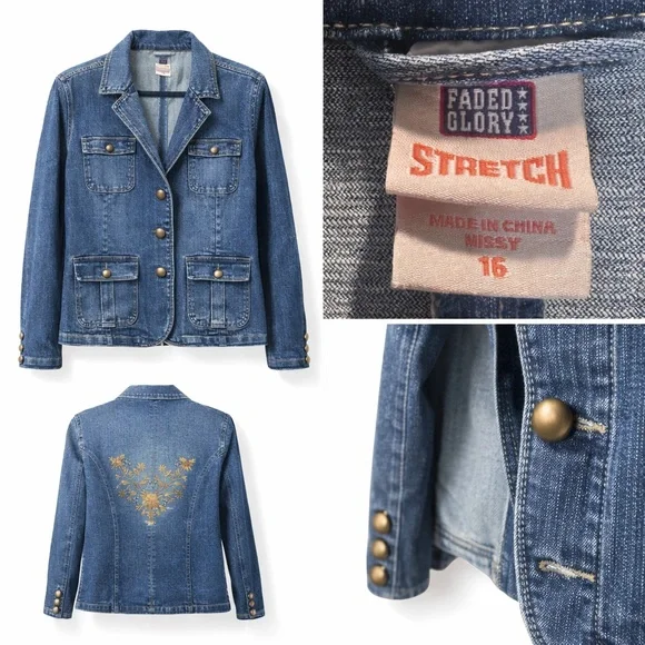 Vintage Embroidered Floral Blue Denim Jacket with Gold Accents - Picture 3 of 3